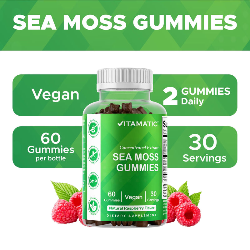 Vitamatic Sea Moss Gummies with Bladderwrack & Burdock, 60 Gummies - 2 Pack | Premium Botanical Blend for Immune Support*, Natural Raspberry Flavor, Vegan, Non-GMO, Gluten Free.