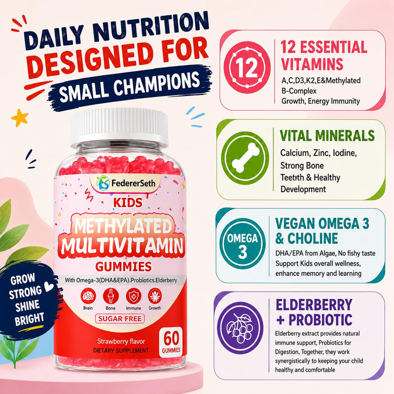 (2 Pack) Methylated Multivitamin Kids Gummies + Omega3, Methylfolate & B12, Calcium, Probiotics, Elderberry, for Kids & Teens, for Growth, Immune, Bone, Brain, Focus, No Sugar - 120 Count 60 Count (Pack of 2)