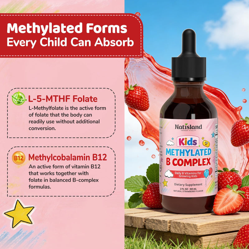 Methylated B Complex for Kids, Vitamin B Complex Liquid Drops | Plus with Methyl B12 & 5-MTHF, Sugar Free, Supports Energy & Nervous System, Vegan, Alcohol-Free, Strawberry Flavor, 2 Fl Oz