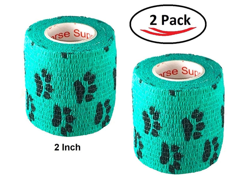 Vet Wrap Wrap Tape (Teal with Paw Prints) (2 Pack) (2 Inch x 15 feet) Self Adhesive Adherent Adhering Cohesive Flex Self Stick Bandage Grip Roll Dog Cat Pet Horse 2 Inch 2 PACK Teal With Black Paws - BeesActive Australia