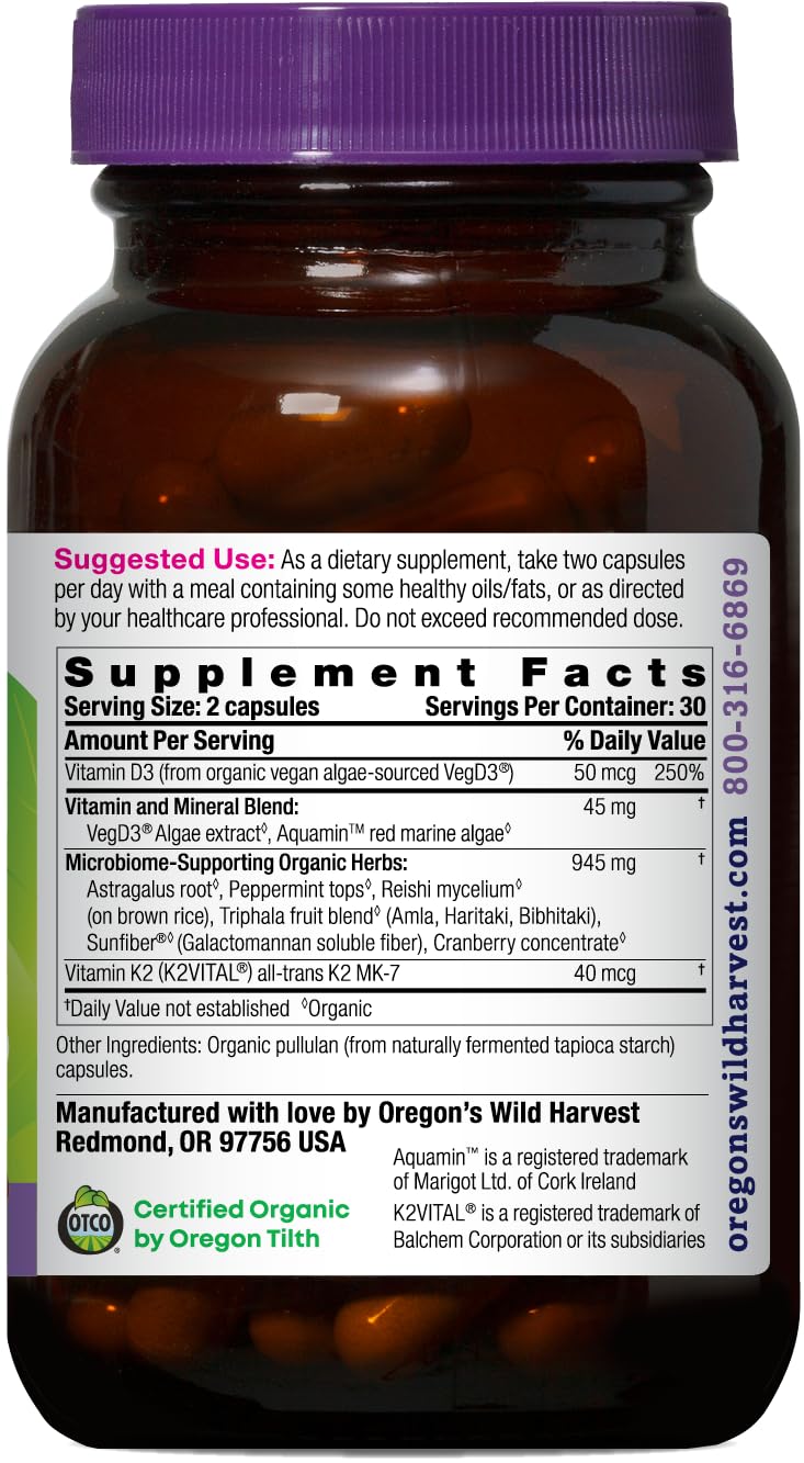 Oregon’s Wild Harvest Organic Vitamin D3 & K2 – Bone, Immune & Muscle Health Support – Vegan Capsules with Microbiome-Supporting Herbs, Aquamin® Trace Minerals, USDA Organic, 60 Ct