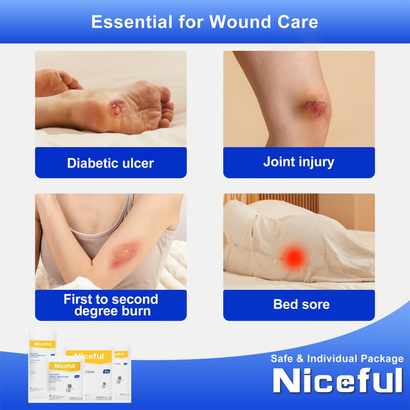 Niceful 10 Count Silicone Foam Dressing 6" x 6" - Large Bandages for Wounds, Wound Dressing Waterproof Silicone Bandages for Bedsores, Diabetic Foot Ulcers, I-II Degree Burns 6"x6" (10PCS)