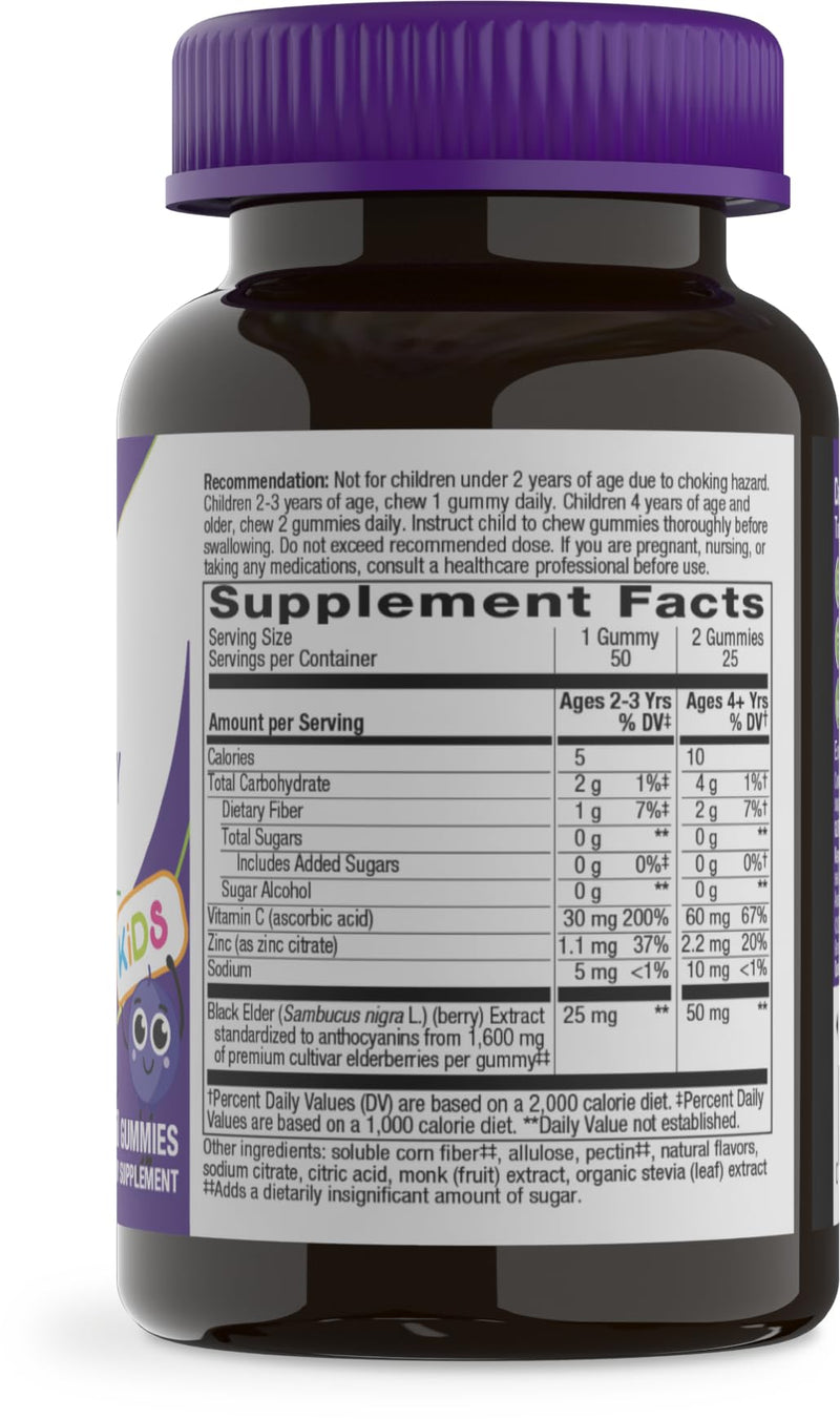 Nature's Way Sambucus Kids Zero Sugar Elderberry Immune Gummies, 50 ct | Immune Support Gummy for Kids Ages 2+,* with Black Elderberry Extract, Vitamin C, and Zinc, Zero Sugar 50 Count (Pack of 1)