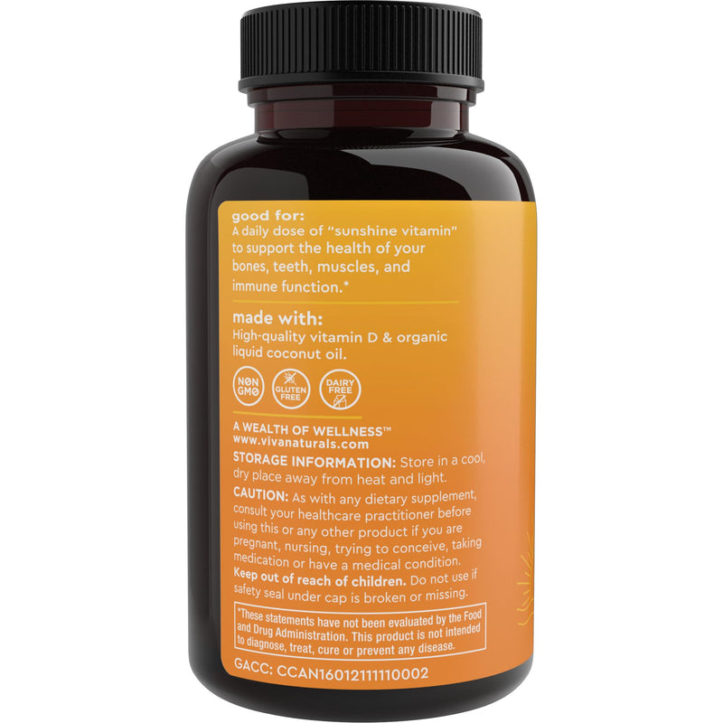 Viva Naturals Vitamin D3 5000 IU Softgels, Supports Bone & Immune Health, High Potency Vitamin D, 360 Count (125 mcg), (Pack of 2) 360 Count (Pack of 2)