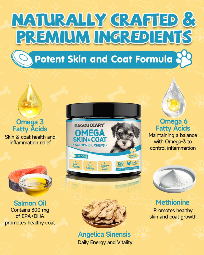 EagouDiary Salmon Oil Chews for Dogs,Omega 3 Skin & Coat Supplement for Dogs with EPA & DHA Fatty Acids,Angelica, Methionine,Vitamins,Minerals Dog Itchy Skin & Allergy Relief (120Ct) - BeesActive Australia