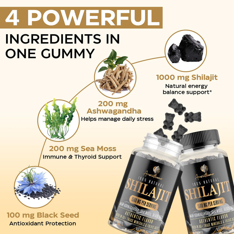 1500MG Shilajit Gummies for Men & Women, 4-in-1 Shilajit with Ashwagandha, Sea Moss, Black Seed | Energy, Immune System & Digestion | Authentic Flavor, Resin & Capsules Alternative, 120 Gummies 60 Count (Pack of 2) - BeesActive Australia