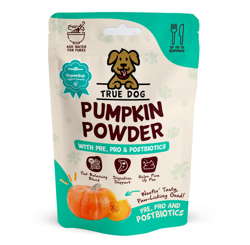 True Dog Pumpkin Powder with Pre, Pro & Postbiotics 100g | Natural Pumpkin Puree Powder for Dogs, Digestive Supplement, Stool Firming, High Fibre Dog Food Topper, Manufactured in the UK