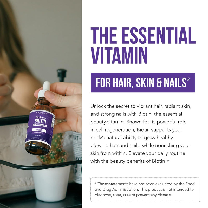 Liquid Biotin 10,000mcg Drops for Women – Organic USP Grade Dietary Supplement – High-Absorption Formula – Supports Healthy Hair, Skin & Nails – Natural Berry Flavor – 180 Servings, 2 oz