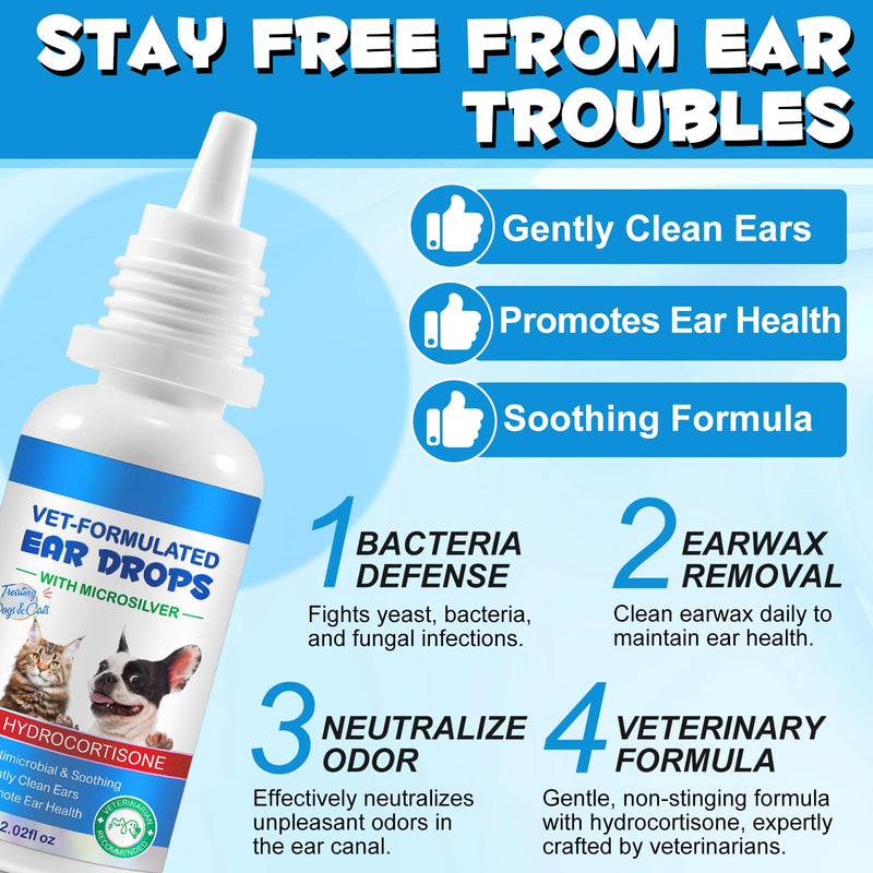 Ear Infection Treatment For Dog & Cat, Soothing Ear Solution With 1% Hydrocortisone Relieve Itching & Redness For Cat &Dog Ear Infection Skin-Friendly Ingredients Supports Ear Health 2.02 Fl.Oz