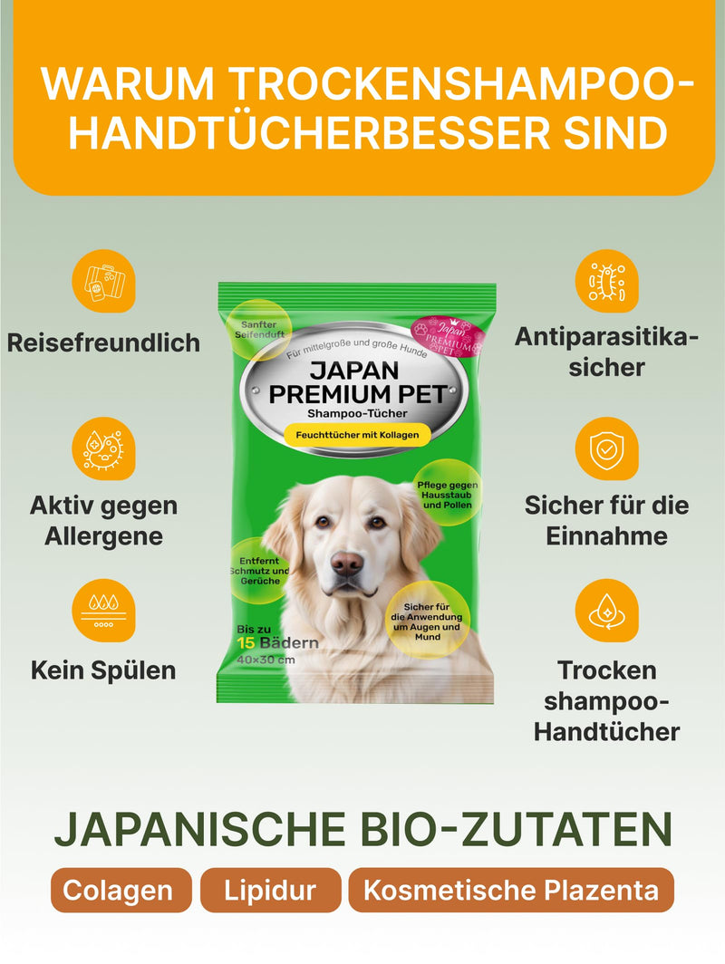 Japan Premium Pet Dog Shampoo Towel | Cleaning wipes that act like dry dog shampoo | Clean & deodorize with our Dog Towel with Collagen & Placenta | 15 pcs | (30x40cm) - BeesActive Australia