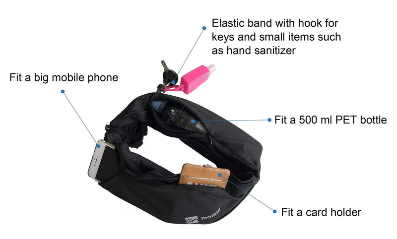 Momiji Innovations 2021- Side Zip ON Running Waist Belt - Men Women Wide Pocket Opening Large Capacity Zip-On No Bounce Chafing Buckle Free Reflective Light Machine Washable Water Resistance Zipper Unstretched Medium (28")