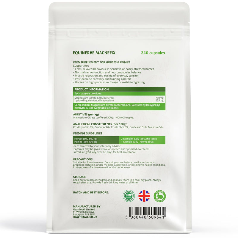 EquiNerve MagneFix for Horses | 240 Easy-Open Capsules - 4 Months Supply | Magnesium Citrate Horse Calmer, Mood, Muscle Tension & Comfort and Post-Excercise Recovery | Made in the UK