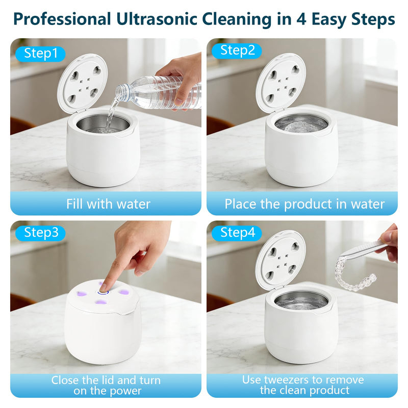 42kHz Ultrasonic Retainer Cleaner Machine,with 4 powerful 254nm UV lights,Pratical Dental Ultrasonic Cleaner for Denture, Night Guard, Mouth Guard, Aligner, Braces, Toothbrush Head & Jewelry (White)