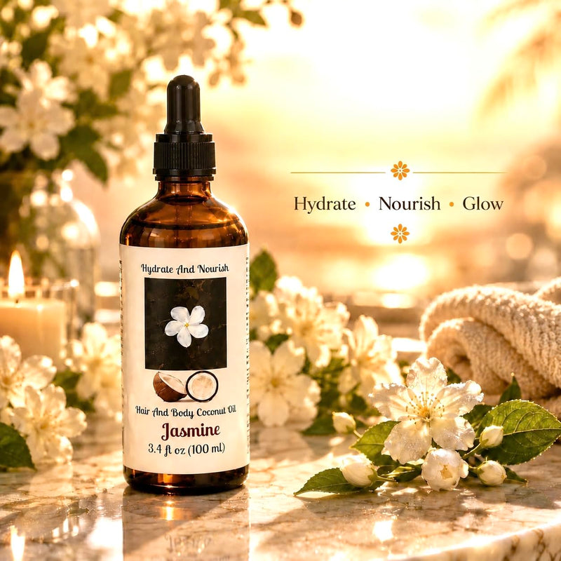 Jasmine Hair & Skin Coconut Oil - Hydrating Coconut & Sweet Almond Oil Blend with Rosemary & Vitamin E, Moisturizing Body Oil for Soft, Glowing Skin & Shiny Hair - 3.4 fl oz Jasmine 3.4 Fl Oz (Pack of 1)