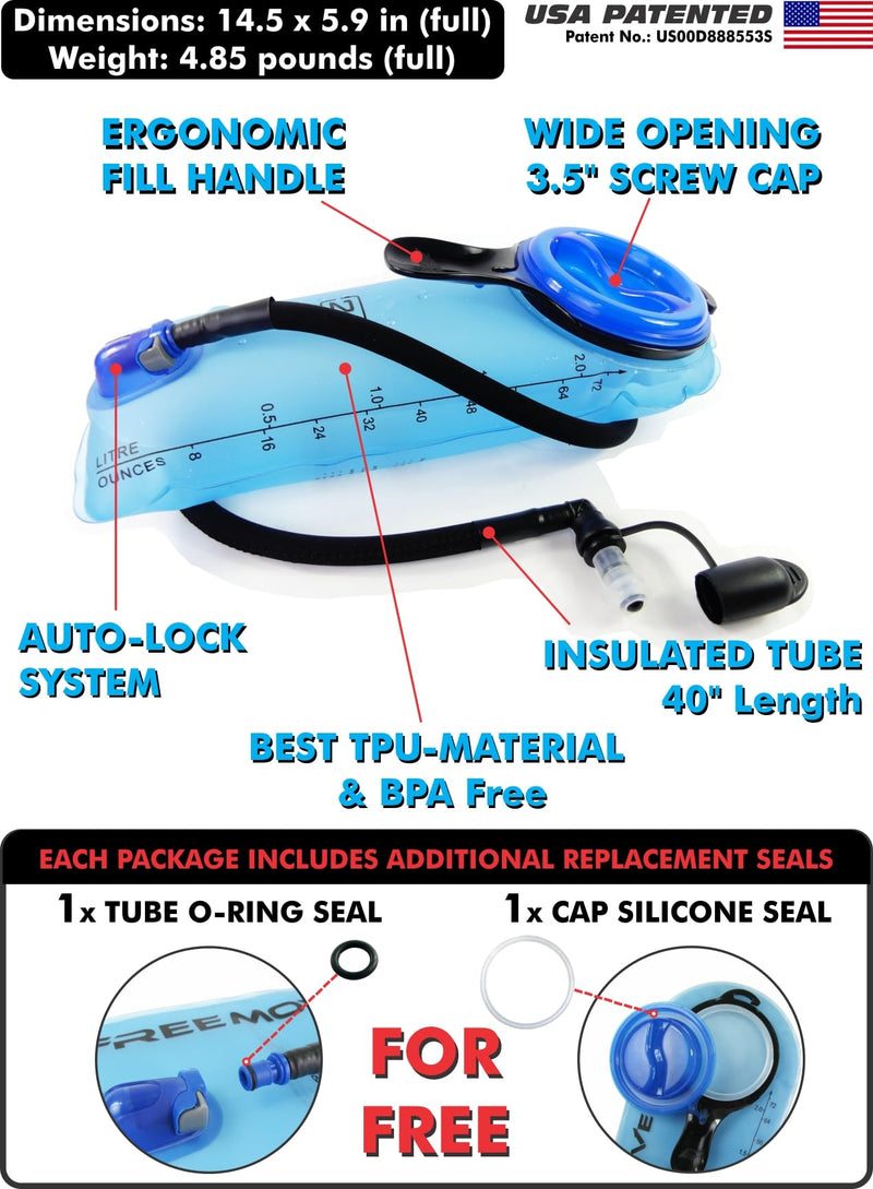Hydration Pack with 2L or 3L Water Bladder & Cooler Bag > Keeps Drink Cool & Protects Bladders > Camelback Reservoir for Hydration Backpack, Tasteless & BPA Free, Quick Release Tube & Shutoff Valve 2L Blue