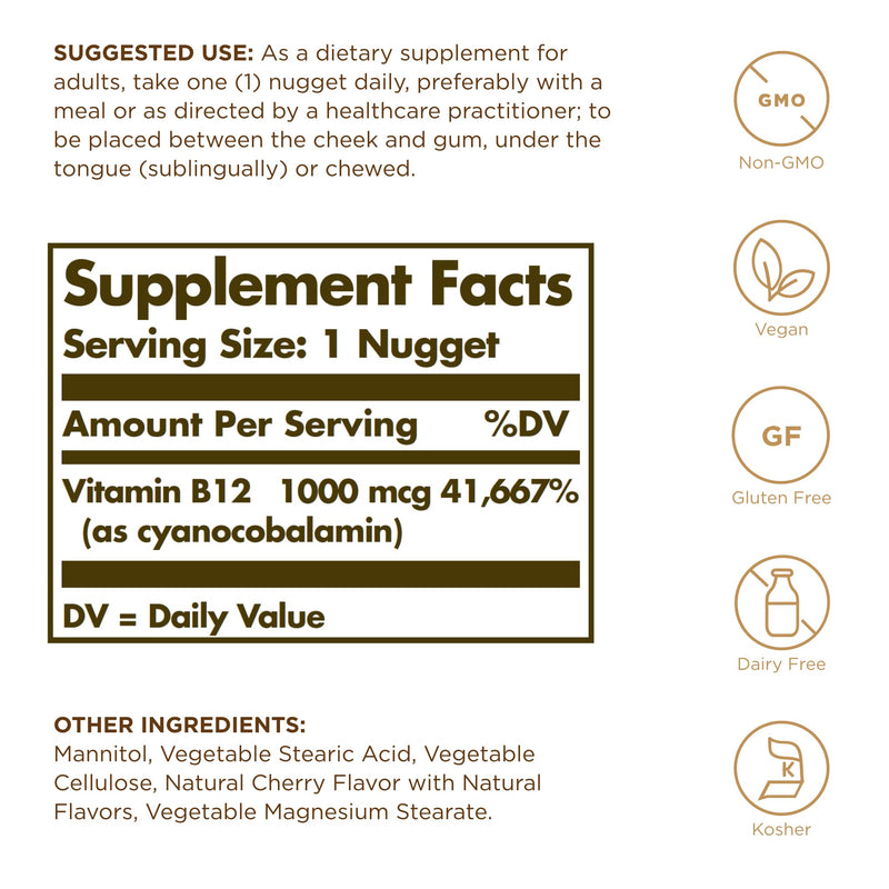 Solgar Sublingual Vitamin B12 1000 mcg - 100 Nuggets - Non-GMO, Vegan, Gluten Free, Dairy Free, Kosher, Halal - 100 Servings 100 Count (Pack of 1)
