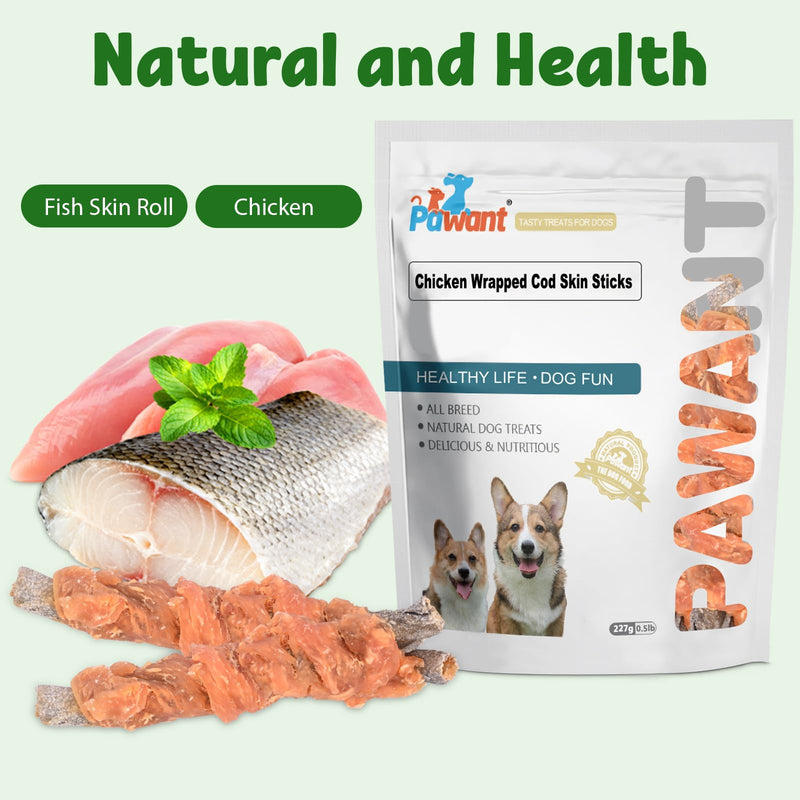 Chicken Wrapped Cod Skin Dog Treats, 45% Real Chicken & 45% Fish Skin - High Protein Omega-3 Dog Chews for Skin & Coat Health - Rawhide Free, Training Snacks for All Breeds 8 oz Chicken Wrapped Cod Skin Sticks 8 Ounce (Pack of 1)