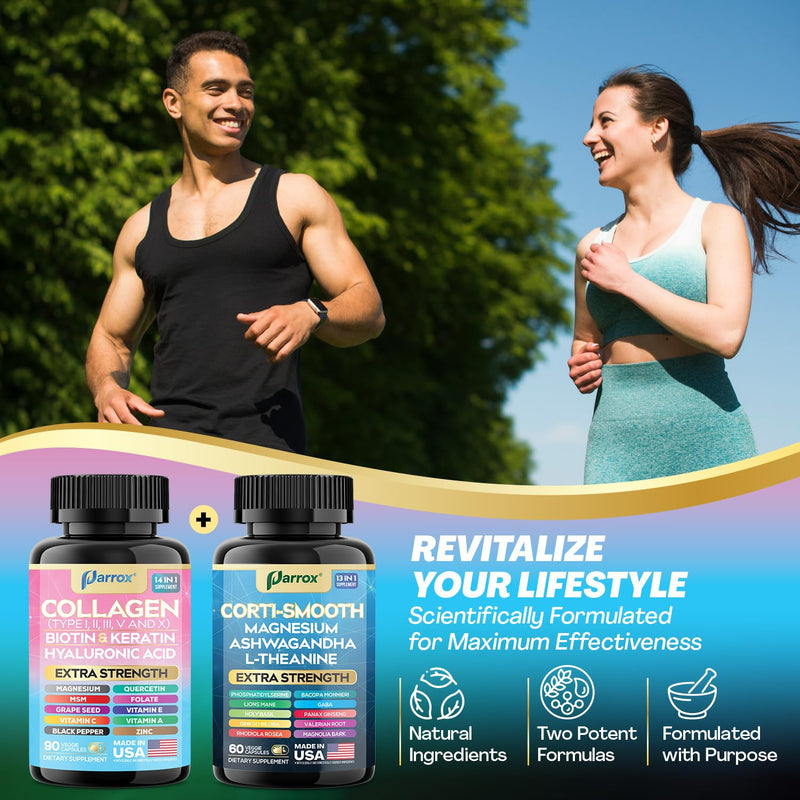 Cortisol & Collagen Bundle, Ashwagandha, Shining Serenity Set, 2 Pack | Ashwagandha, L-Theanine, Magnesium, Lions Mane, GABA, Bacopa, Collagen I-X, Folate, Biotin, Keratin 150 Count (Pack of 2)