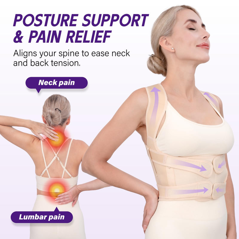 Back Brace Posture Corrector for Women & Men, Adjustable Full Back Support, Shoulder Straightener for Upper & Lower Back Pain Relief-Scoliosis, Hunchback, Waist Trainer (Medium, Beige) Medium - BeesActive Australia