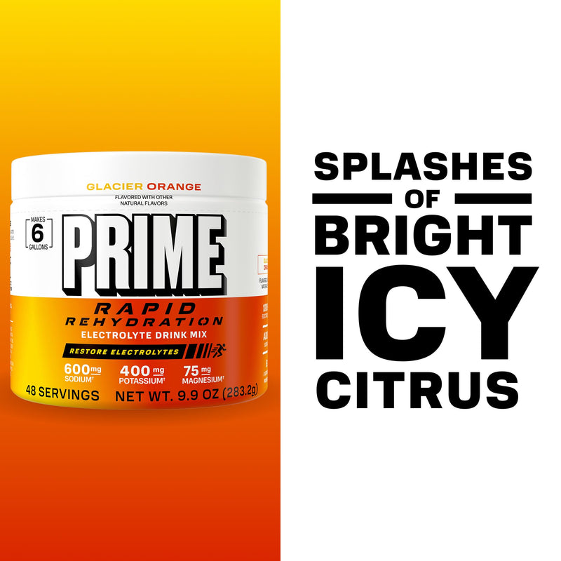 Prime Rapid Rehydration Electrolyte Powder, Glacier Orange, Sugar Free Hydration Drink Mix with Sodium, Potassium, Magnesium & B Vitamins to Replenish Fluids, Caffeine Free, 6 Gallon Tub, 48 SRV