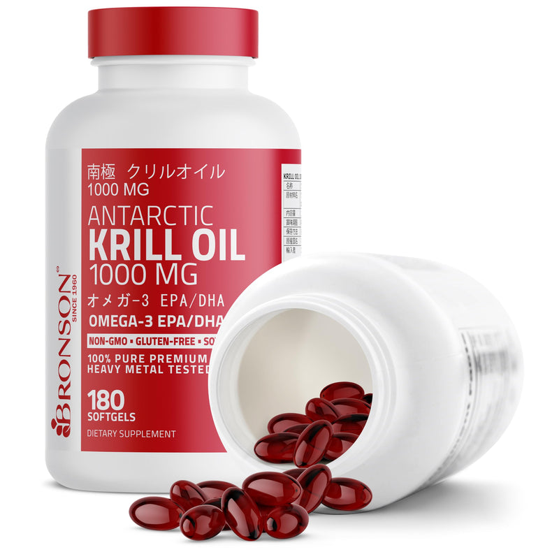 Bronson Antarctic Krill Oil 1000 mg with Omega-3s, 180 Softgels | Heavy Metal Tested, with EPA, DHA, Astaxanthin and Phospholipids, Non-GMO, Gluten Free, Soy Free 180 Count (Pack of 1)