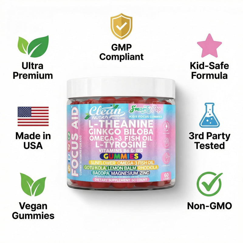 Clean Nutra Kids Focus Gummies with L-Theanine, Ginkgo Biloba, Omega-3 Fish Oil, L-Tyrosine, Vitamin B6, B12-60 Count, Clean Label, Non-GMO, Vegan-Friendly SmartyPop Formula for Kids Support