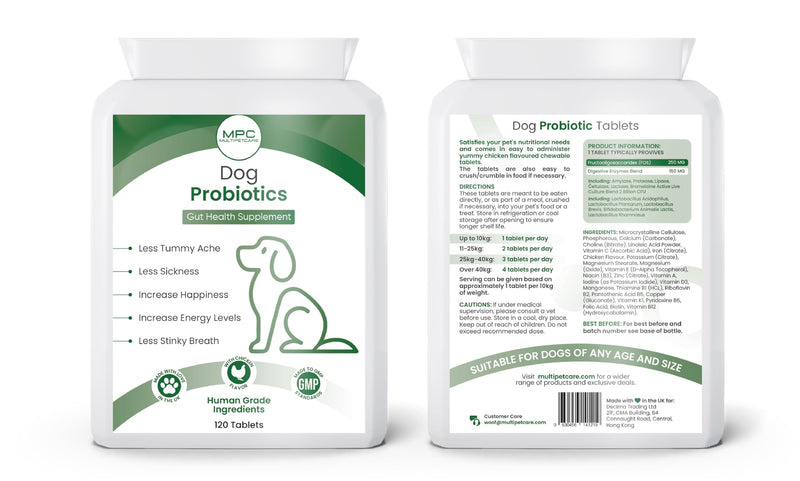 Probiotics for Dogs – 5-Strain 2 Billion CFU + Digestive Enzymes & Prebiotics | Gut Health, Firm Stools, Less Gas & Bloating | Full B-Complex Vitamins in One Tablet | Chicken Flavor | UK GMP | 120 Ct
