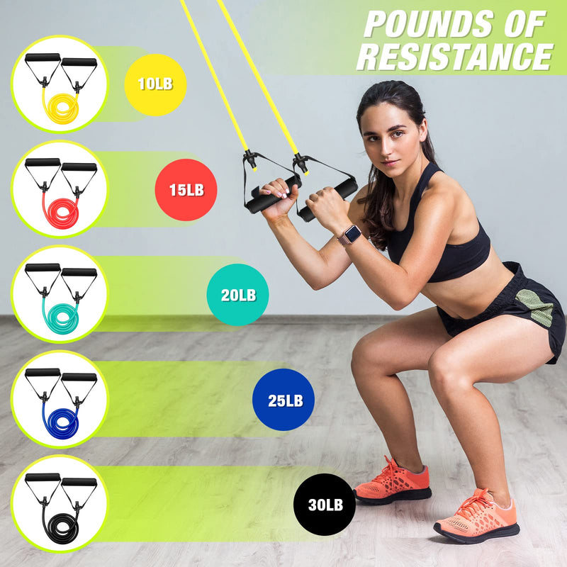 Leyndo 5 Pcs Exercise Resistance Bands with Handles Physical Resistance Tube Workout Bands with Door Anchor for Men Women Muscle Toning Strength Training 10-30 Lbs