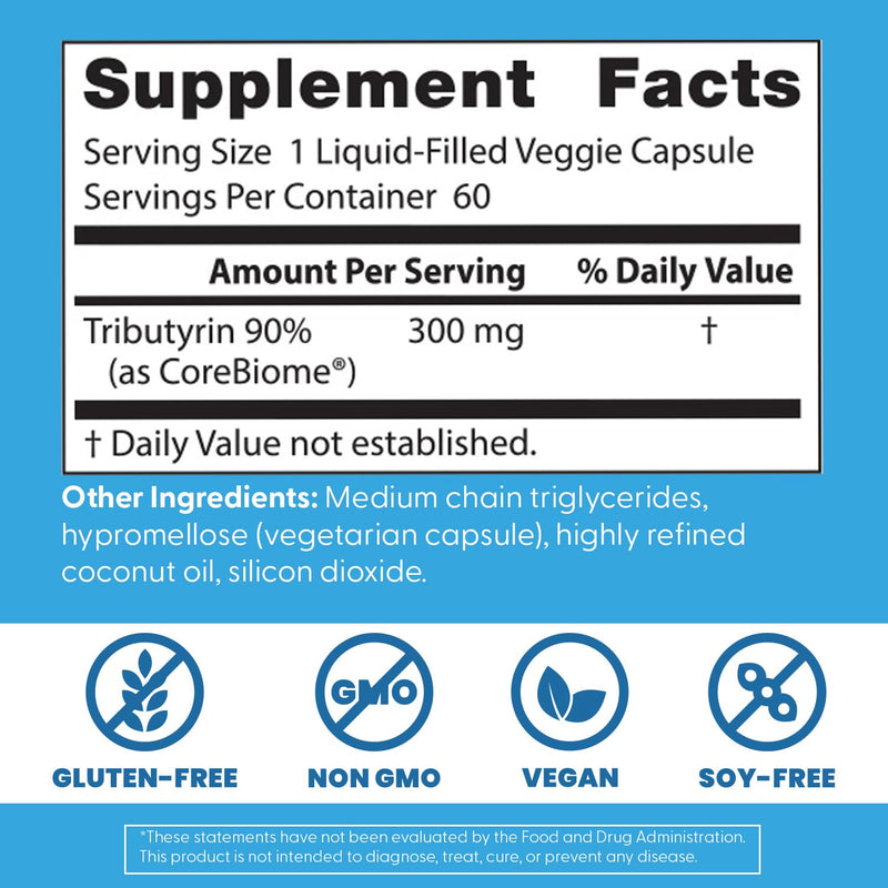 Doctor's Best High Absorption Postbiotic Butyrate Gut Health Supplement - Tributyrin 90% (as CoreBiome) 300 mg, Digestive Health Support for Men & Women, Vegan, Gluten Free - 30 Liquid Veggie Caps