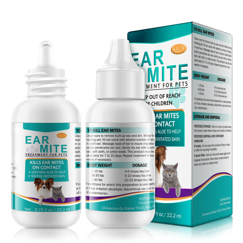 Ear Mites Treatment for Dogs & Cats - Cat Ear Mite Treatment with Aloe Vera, Kills on Contact & Soothes Itching, Vet-Recommended Formula for Pets Ear Cleaning, Fast-Acting 0.75oz Bottle 1 PCS