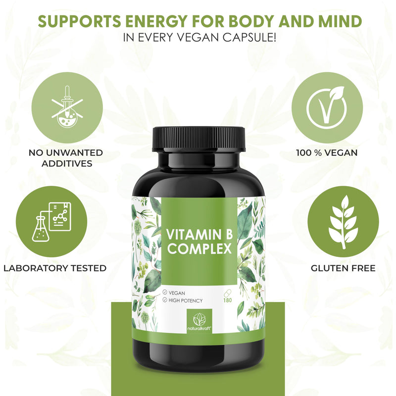 Vitamin B Complex - 500 µg B12 & 400 µg Folic Acid - 8 B Vitamins (B1, B2, B3, B5, B6, B7, B9, B12) for Energy, Nervous System & Metabolism - Vegan & Laboratory-Tested - German Brand