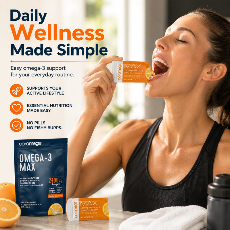 Coromega - MAX Omega-3 Fish Oil + Vitamin D - 30 Packets - Citrus Burst | 2400mg Omega-3s, Wild-Caught Fish Oil, 3X Better Absorption Than Softgels, No Fishy Taste, Daily Squeeze Packets 1 Fl Oz (Pack of 1)