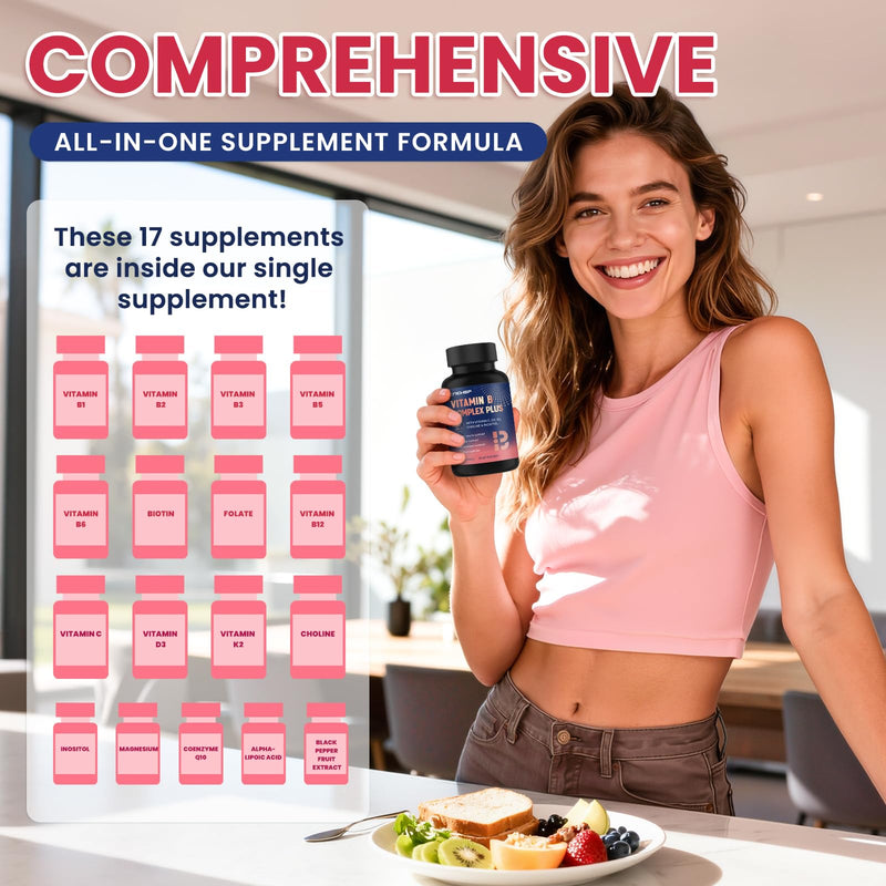 17-in-1 Vitamin B Complex Plus for Men & Women,Nerve Support - 120 Capsules