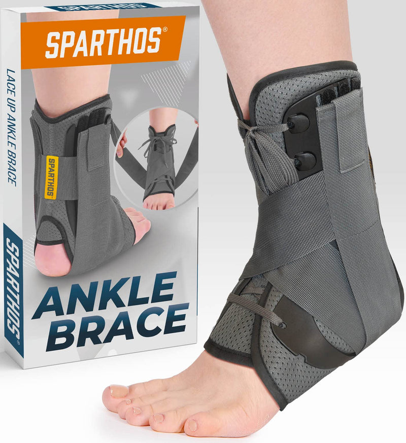 Sparthos Lace Up Ankle Brace - Support for Injury Recovery and Foot Sprains - Compression for Running, Basketball, Volleyball - Interchangeable Stabilizer Braces - For Men & Women (Gray - Small) Small (Pack of 1) Graphite Gray - BeesActive Australia