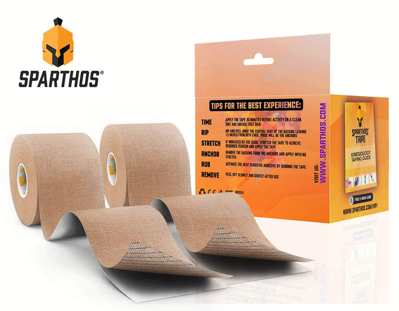 Sparthos Kinesiology Tape - Incredible Support for Athletic Sports and Recovery - Free Kinesiology Taping Guide! - Uncut 2 inch x 16.4 feet Roll B) Desert Beige (Pack of 2) + Free Taping Guide - BeesActive Australia