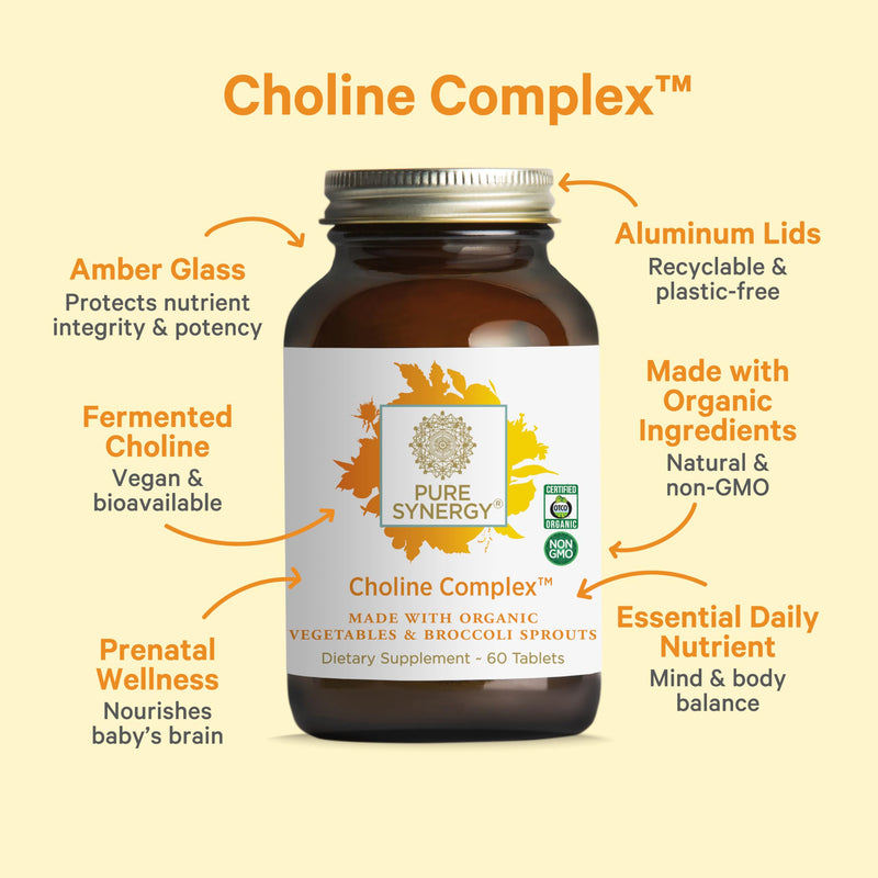 PURE SYNERGY Choline Complex Vegan Choline Supplement (60 Tablets) | Made with Organic Whole Foods, Non-GMO, Bioavailable Complex, For Pregnancy, Brain, & Liver Health