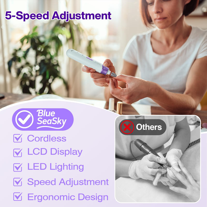 Professional Electric Nail Drill 2000mAH Portable Cordless Electric Nail File 10 in 1 Manicure Pedicure Kit ,5-Speeds Toe Nail Tools Hand Foot Care,Thick Toenail Grinder for Women Men Pets (Purple) Purple - BeesActive Australia