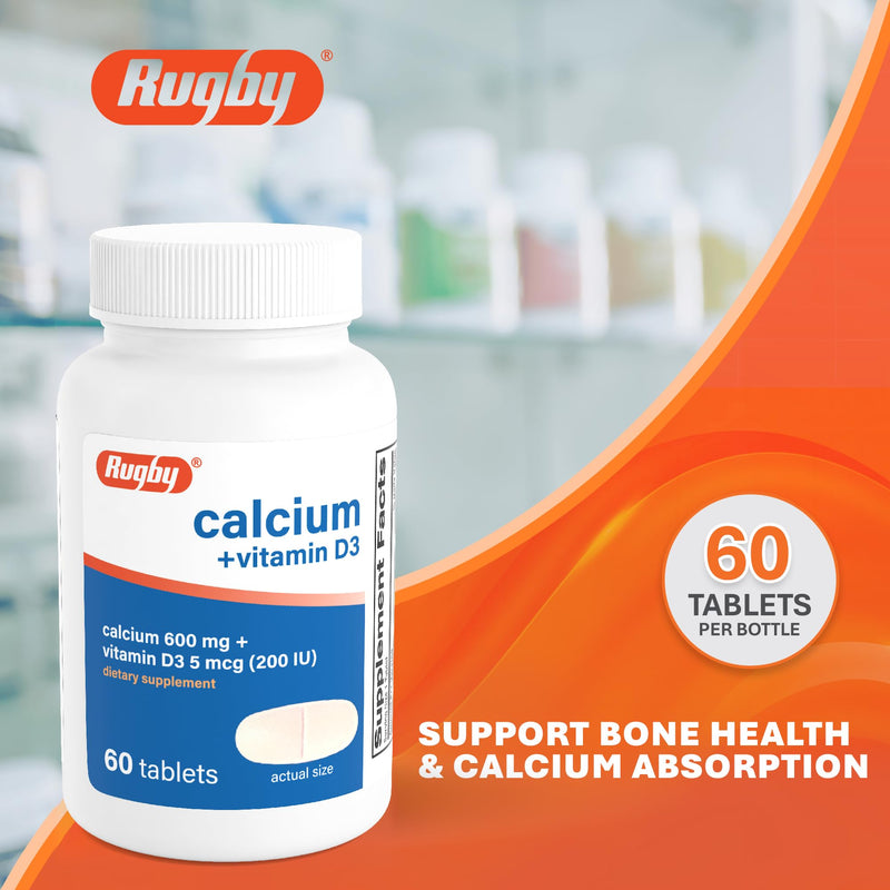Rugby Calcium 600 mg + Vitamin D3 200IU (5 mcg) Tablets, 60 Count | Gluten-Free Dietary Supplement for Bone Health and Calcium Absorption, No Artificial Colors, Flavors and Preservatives