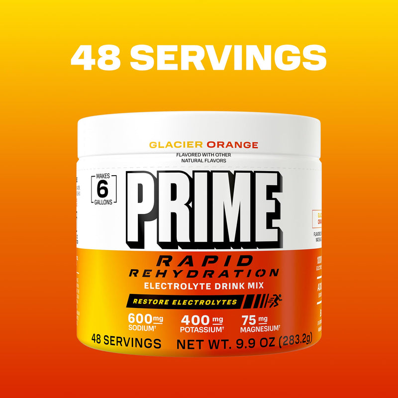 Prime Rapid Rehydration Electrolyte Powder, Glacier Orange, Sugar Free Hydration Drink Mix with Sodium, Potassium, Magnesium & B Vitamins to Replenish Fluids, Caffeine Free, 6 Gallon Tub, 48 SRV