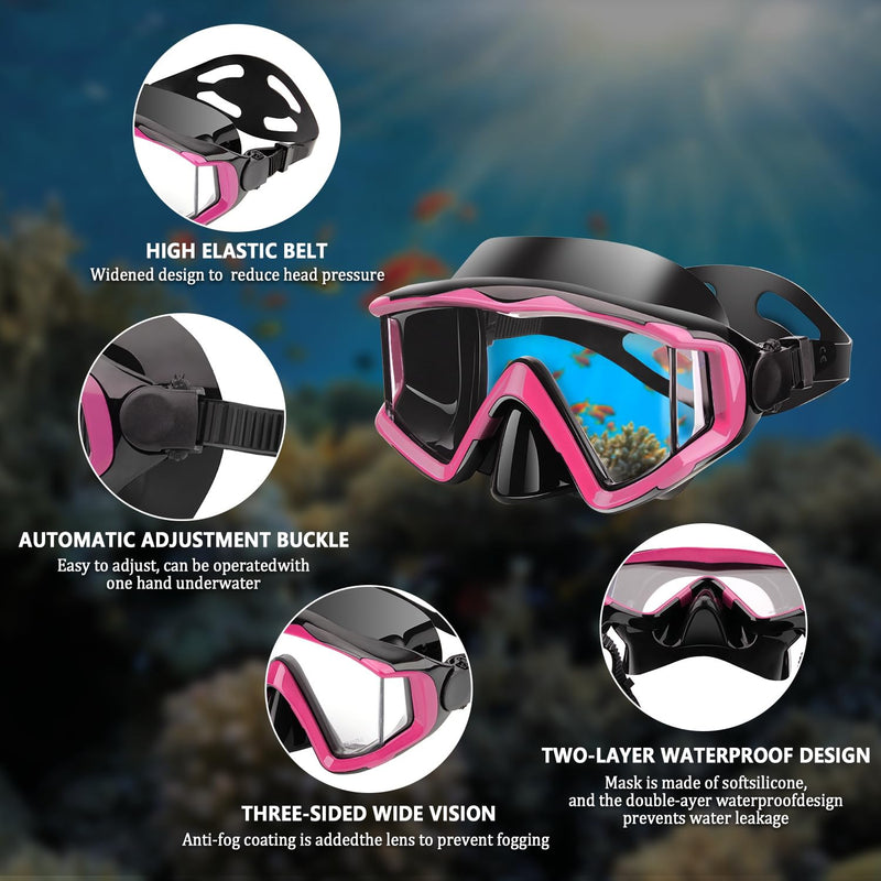 Diving mask Anti-Fog Swimming Snorkel mask Suitable for Adults Scuba Dive Swim Snorkeling Goggles Masks Pink Adult