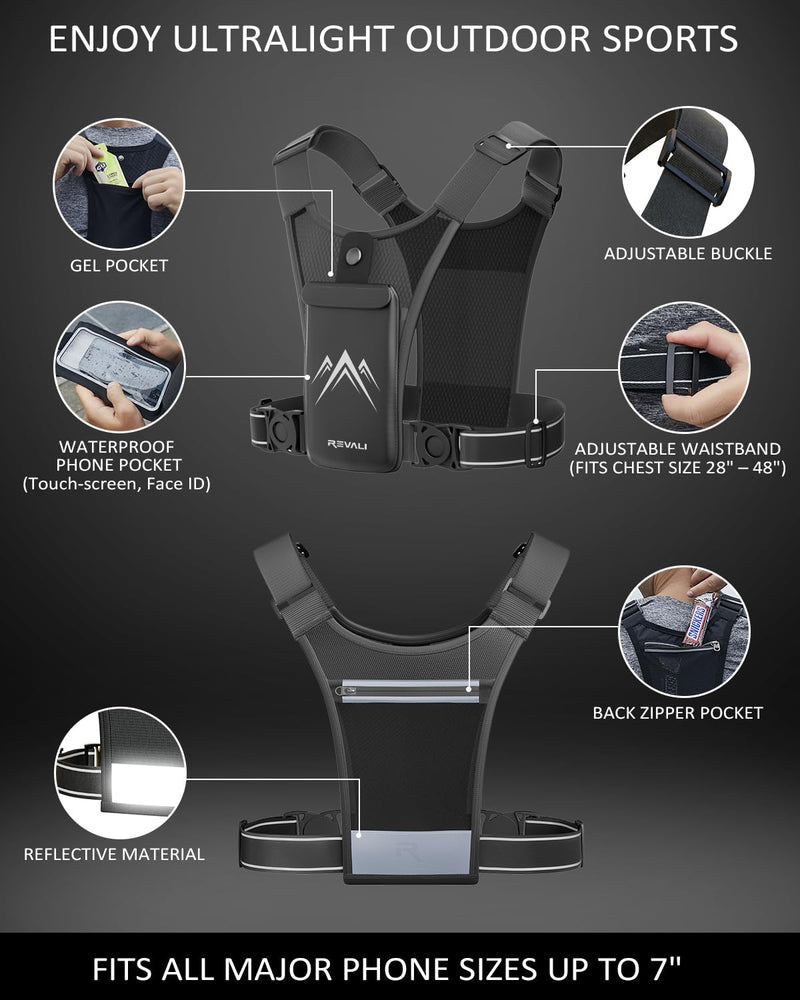 REVALI Running Vest for Men Women, USA Patent, Ultralight Reflective Running Vest Phone Holder Chest Pack for Hiking Cycling Black