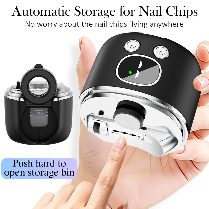 Electric Nail Clipper, 3-Speed Fingernail Trimmer with 2 Trimming Head & Magnifying Glass, Automatic Nail Clipper/Polisher/Grinder with Light for Seniors, Mother‘s Day Gifts for Mom Women Adults Black
