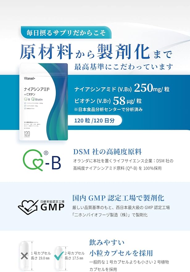 Domestic Niacinamide Supplement 30000mg (250mg x 120 days) Vitamin B3 Manufactured in a domestic GMP certified factory (Contains biotin, which is essential for skin and hair health) Nutrient functional food Made in Japan Vitanad+ - BeesActive Australia