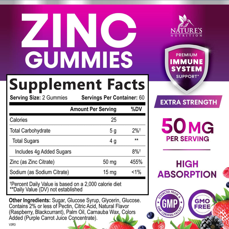 Zinc Gummies for Adults 50 mg - High Absorption Immune Health Support Gummy & Antioxidant Chewable Supplement, Zinc Vitamin for Men and Women, Vegan and Gluten Free, Mixed Berry Flavor - 120 Count 120 Count (Pack of 1) - BeesActive Australia