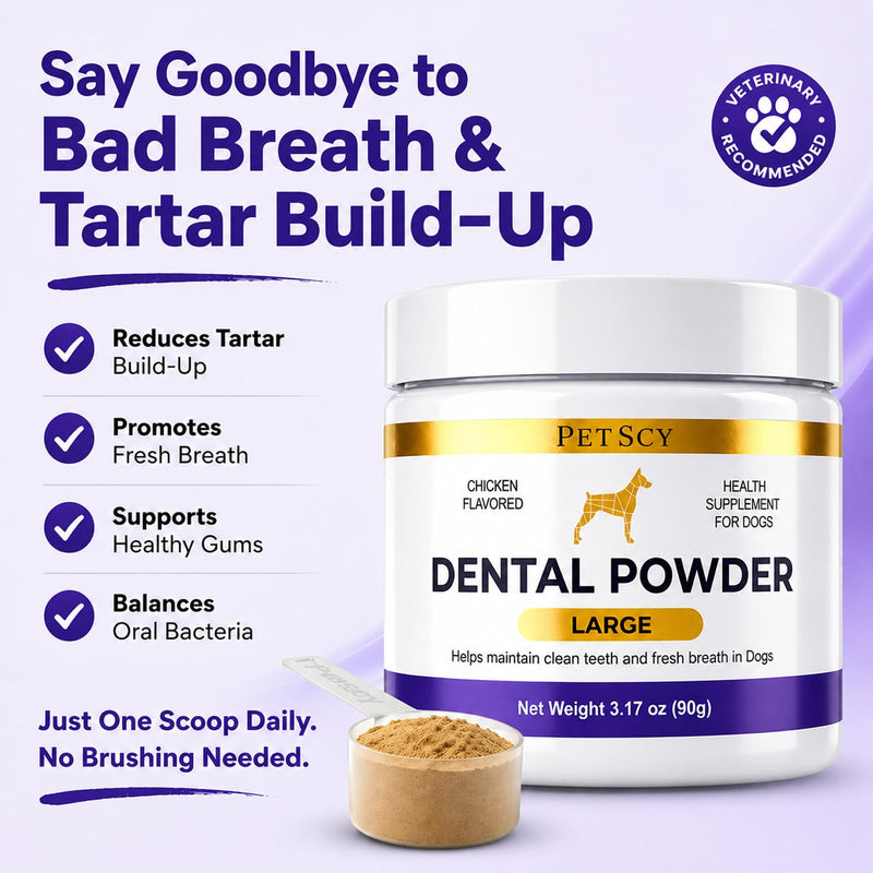 Petscy Dog Dental Powder for Teeth Cleaning & Fresh Breath Support | Helps Reduce Tartar Build Up | Plaque Off No Brush Dog Teeth Cleaning Powder & Breath Freshener | Daily Food Topper (Large Dogs) Large