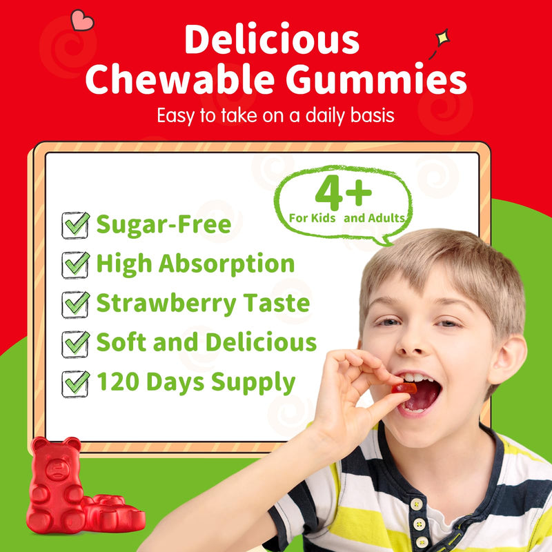 Kids Magnesium Glycinate Gummies, Magnesium Supplement with L-Theanine, Vitamin B6, D3 for Kids & Adults, Calm Magnesium for Sleep Relaxation,Brain,Bones,Sugar Free Strawberry 120ct 60 Count (Pack of 2)