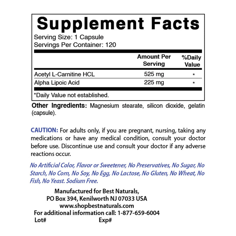Best Naturals Acetyl L-Carnitine and Alpha Lipoic Acid 750 mg 120 Capsules (120 Count (Pack of 2)) 120 Count (Pack of 2) - BeesActive Australia