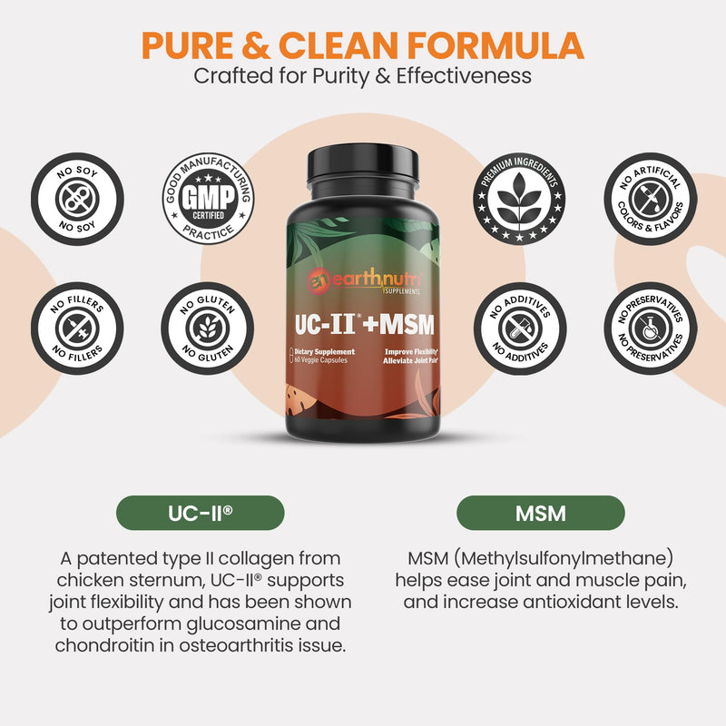 EarthNutri UC-II Collagen & MSM Supplement for Bone Health and Joint Flexibility Joint Supplement - 40mg UC-II Providing 10mg Total Collagen & 1000mg MSM - 60 Capsules (2 Caps Daily)