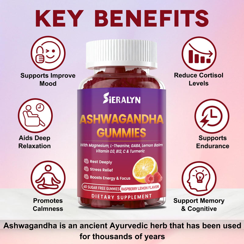 Ashwagandha Gummies Supplements 2000mg for Women Men, Vegan, Sugar-Free | Organic Ashwagandha Root Extract with D3, L-Theanine for Calm & Relax, Non-GMO, Gluten Free, 60 Count, 30-Day Supply 60 Count (Pack of 1)