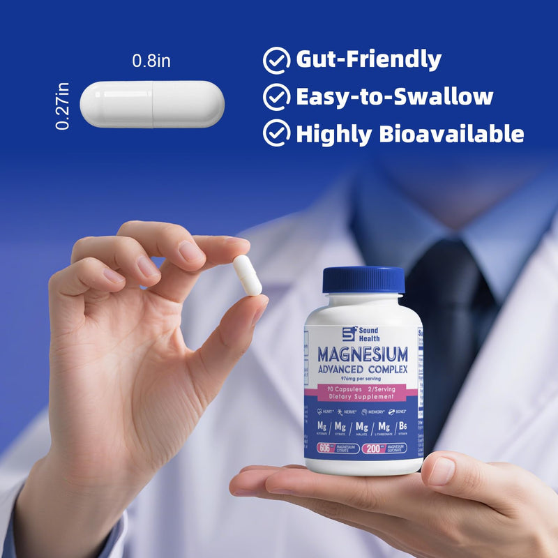 5 in 1 Magnesium Complex Capsule 976mg wtih Magnesium Glycinate, Citrate, Malate & Vitamin B6, High Absorption Magnesium Complex for Women & Men, Third-Party Tested, Vegan, Non-GMO 90 Count（Pcak of 1）